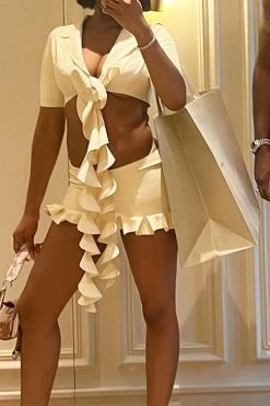 Solid Color Hot Ruffle Ribbons Skirt Suit