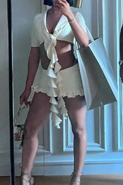 Solid Color Hot Ruffle Ribbons Skirt Suit -Clothing-PrettyTina H23080764 BE 3