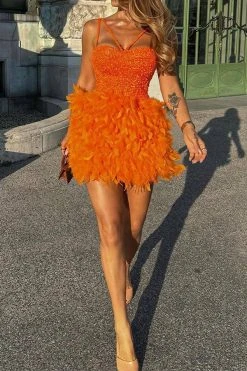 Sequined Patchwork Sweet Feather Mini Dress -Clothing-PrettyTina H23080933 OR 3