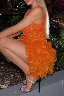 Sequined Patchwork Sweet Feather Mini Dress -Clothing-PrettyTina H23080933 OR 4