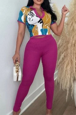 Abstract Print Flattering Bodycon Pant Suit -Clothing-PrettyTina H23081437 PU 2