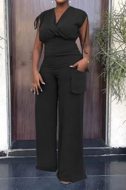 Solid Color Drawstring Feminine Patch Pocket Pant Suit -Clothing-PrettyTina H23081444 BK 1