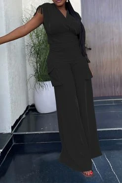 Solid Color Drawstring Feminine Patch Pocket Pant Suit -Clothing-PrettyTina H23081444 BK 2