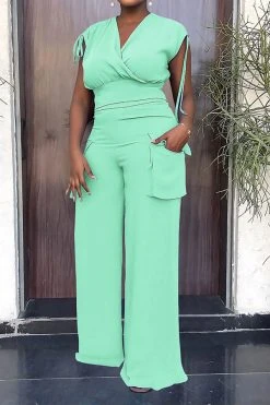 Solid Color Drawstring Feminine Patch Pocket Pant Suit -Clothing-PrettyTina H23081444 GR 1