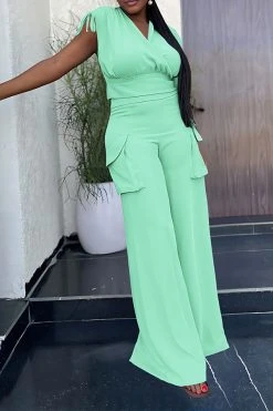 Solid Color Drawstring Feminine Patch Pocket Pant Suit -Clothing-PrettyTina H23081444 GR 2