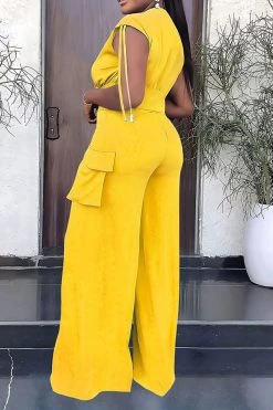 Solid Color Drawstring Feminine Patch Pocket Pant Suit -Clothing-PrettyTina H23081444 YE 3