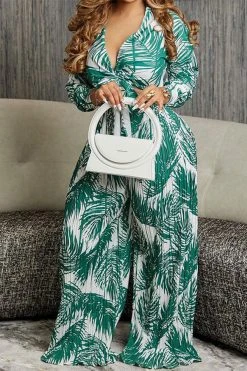 Leaf Print Chic Lace-Up Wide Leg Pant Suit -Clothing-PrettyTina H23081446 GR 4