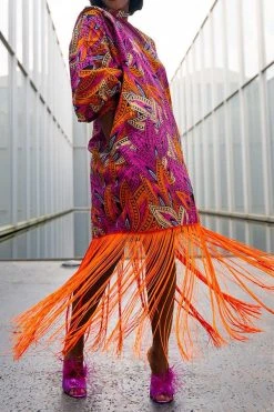 Leaf Print Bohemia Tassel Hem Midi Dress