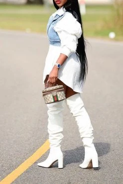 Outstanding Puff Sleeve White Blouse & Adjustable Denim Gilet -Clothing-PrettyTina HP2012091 9