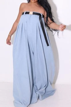 Solid Color Whimsical Wide Leg Jumpsuit With Belt -Clothing-PrettyTina HP2209293 BL 1