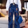 Solid Color Unique Hollow-Out Denim Jeans With Metal Buckle