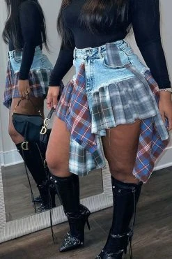 Plaid Patchwork Stylish Irregular Ruffle Hem Denim Shorts