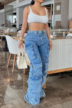 Solid Color Casual Multi Pocket Jeans