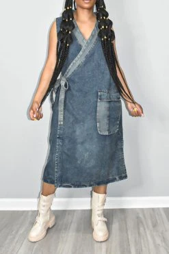 Patchwork Urban Lace-Up Denim Midi Dress -Clothing-PrettyTina HP2306072 BL 3