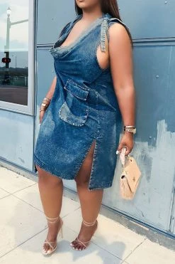 Patchwork Urban Lace-Up Denim Midi Dress -Clothing-PrettyTina HP2306072 BL 5