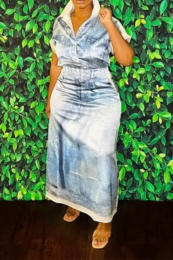 Denim Print Patchwork Unique Skirt Suit