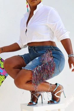 Ripped On-trend Side Tassel Denim Shorts -Clothing-PrettyTina HP2307311 BL 3