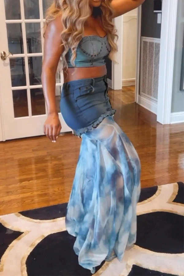 Rivet Design Chic Patchwork Denim Skirt Suit(Sold Separately) 2 Rivet Design Chic Patchwork Denim Skirt Suit(Sold Separately) - Image 2