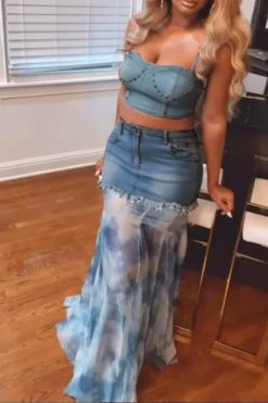 Rivet Design Chic Patchwork Denim Skirt Suit(Sold Separately)