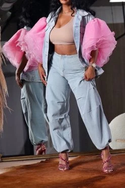 Patchwork Tulle Ruffle Sleeve On-trend Denim Coat -Clothing-PrettyTina HP2308236 BL 4