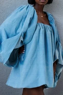 Solid Color Urban Swing Denim Mini Dress -Clothing-PrettyTina HP2308302 BL 3