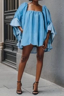 Solid Color Urban Swing Denim Mini Dress -Clothing-PrettyTina HP2308302 BL 4