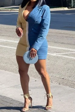 Denim Patchwork Stylish Color Block Mini Dress -Clothing-PrettyTina HP2308303 BL 3