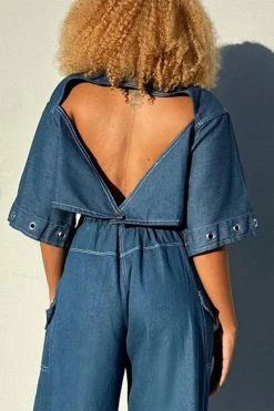 Color Block Cool Backless Patch Pocket Denim Pant Suit -Clothing-PrettyTina HP2308308 BL 4